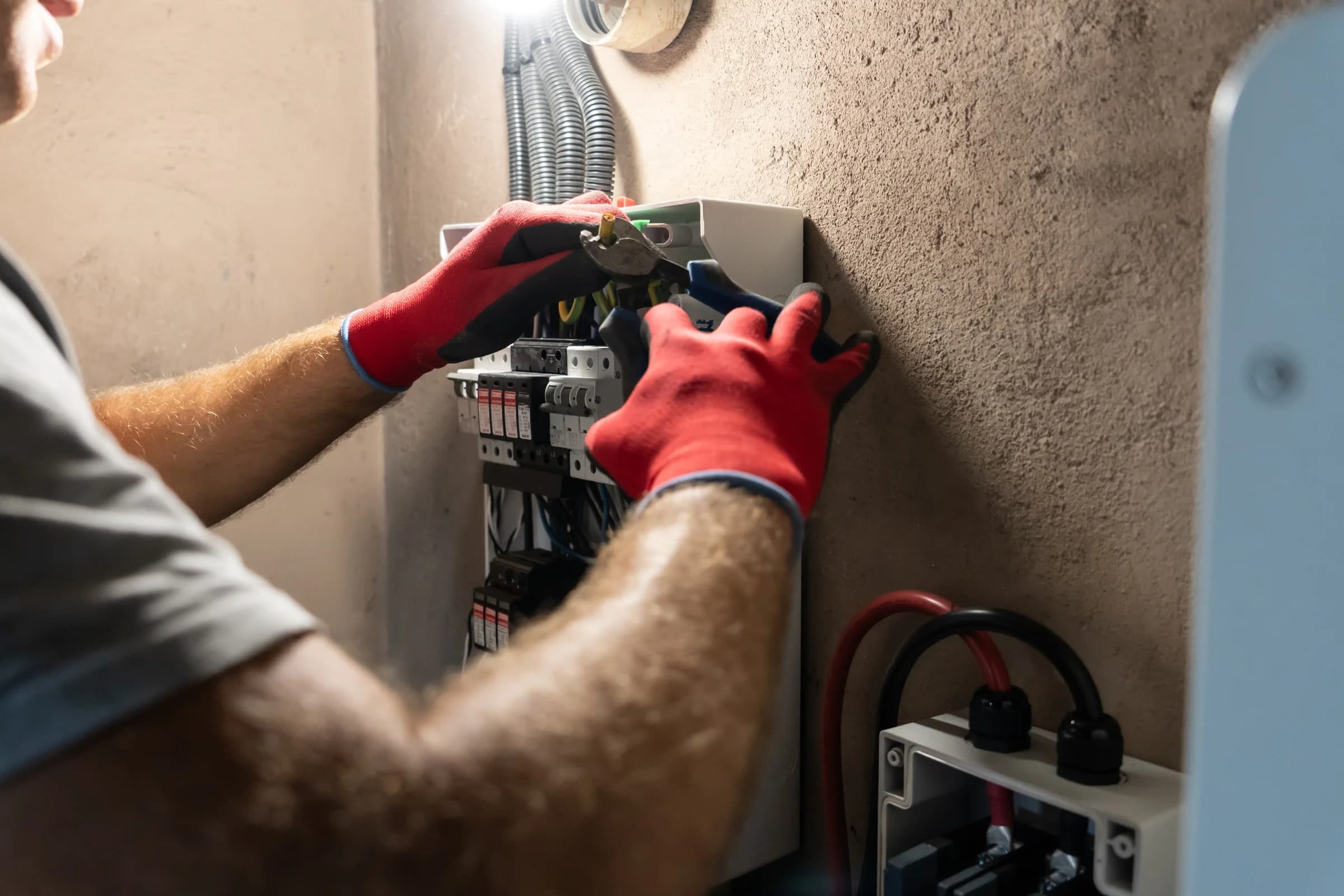 Kabel im Sicherungskasten werden geprüft